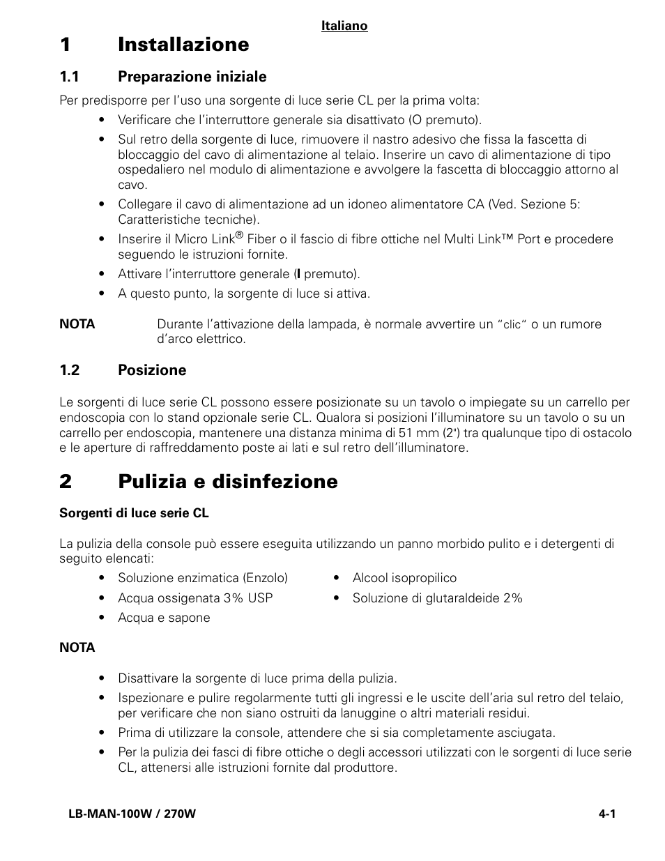 1installazione, 2pulizia e disinfezione | Welch Allyn CL300 Surgical IlluminatorCL - User Manual User Manual | Page 40 / 126