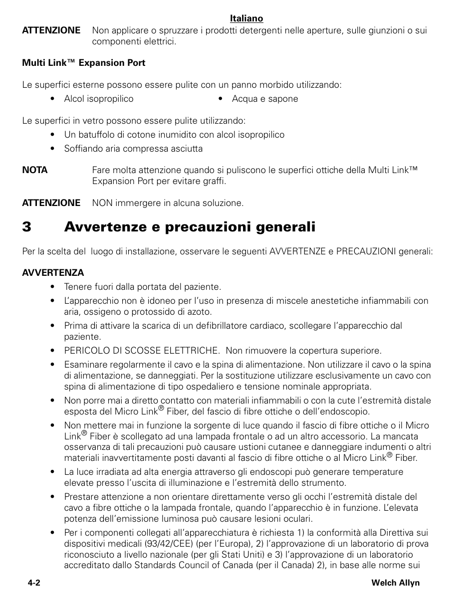 3avvertenze e precauzioni generali | Welch Allyn CL300 Surgical IlluminatorCL - User Manual User Manual | Page 41 / 126