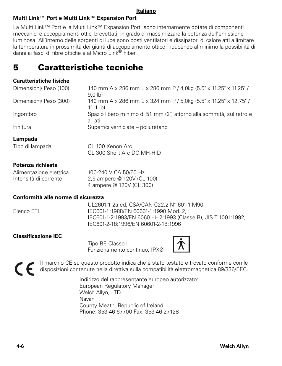 5caratteristiche tecniche | Welch Allyn CL300 Surgical IlluminatorCL - User Manual User Manual | Page 45 / 126