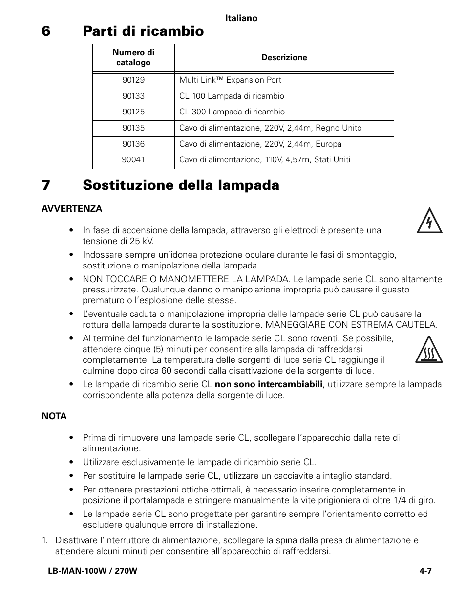 6parti di ricambio 7 sostituzione della lampada | Welch Allyn CL300 Surgical IlluminatorCL - User Manual User Manual | Page 46 / 126