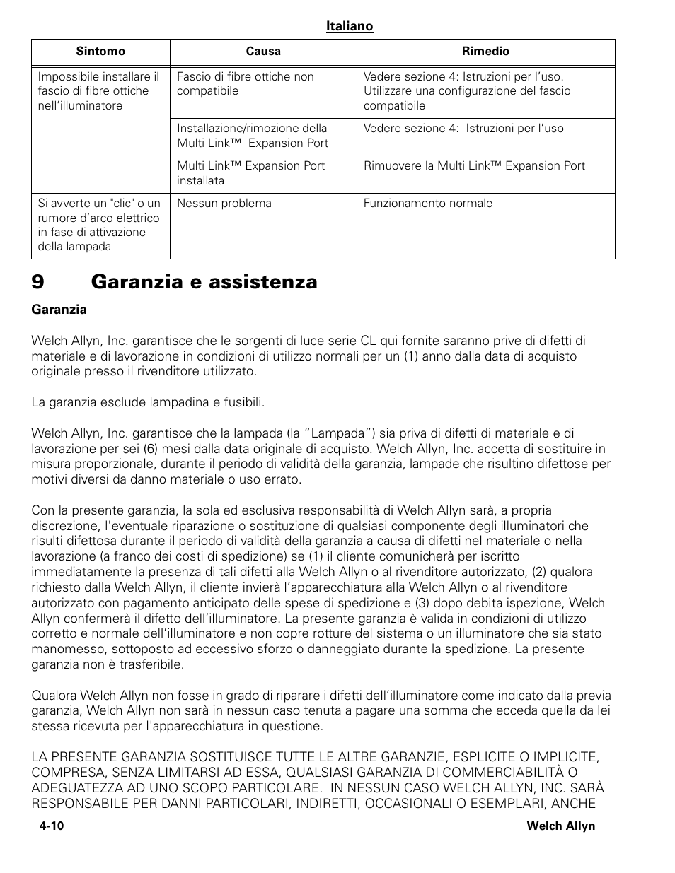 9garanzia e assistenza | Welch Allyn CL300 Surgical IlluminatorCL - User Manual User Manual | Page 49 / 126