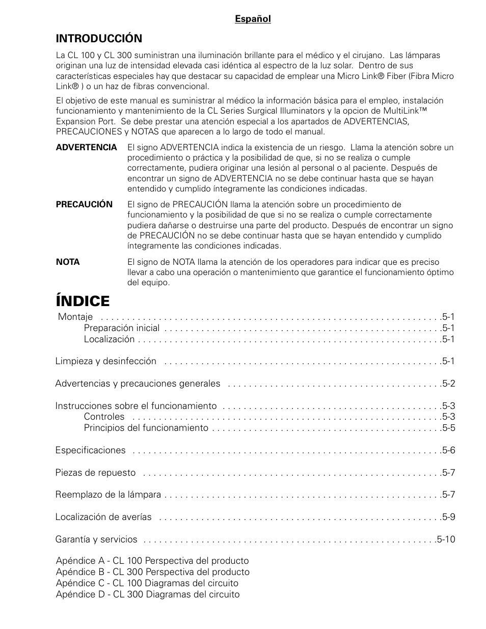 Índice | Welch Allyn CL300 Surgical IlluminatorCL - User Manual User Manual | Page 52 / 126