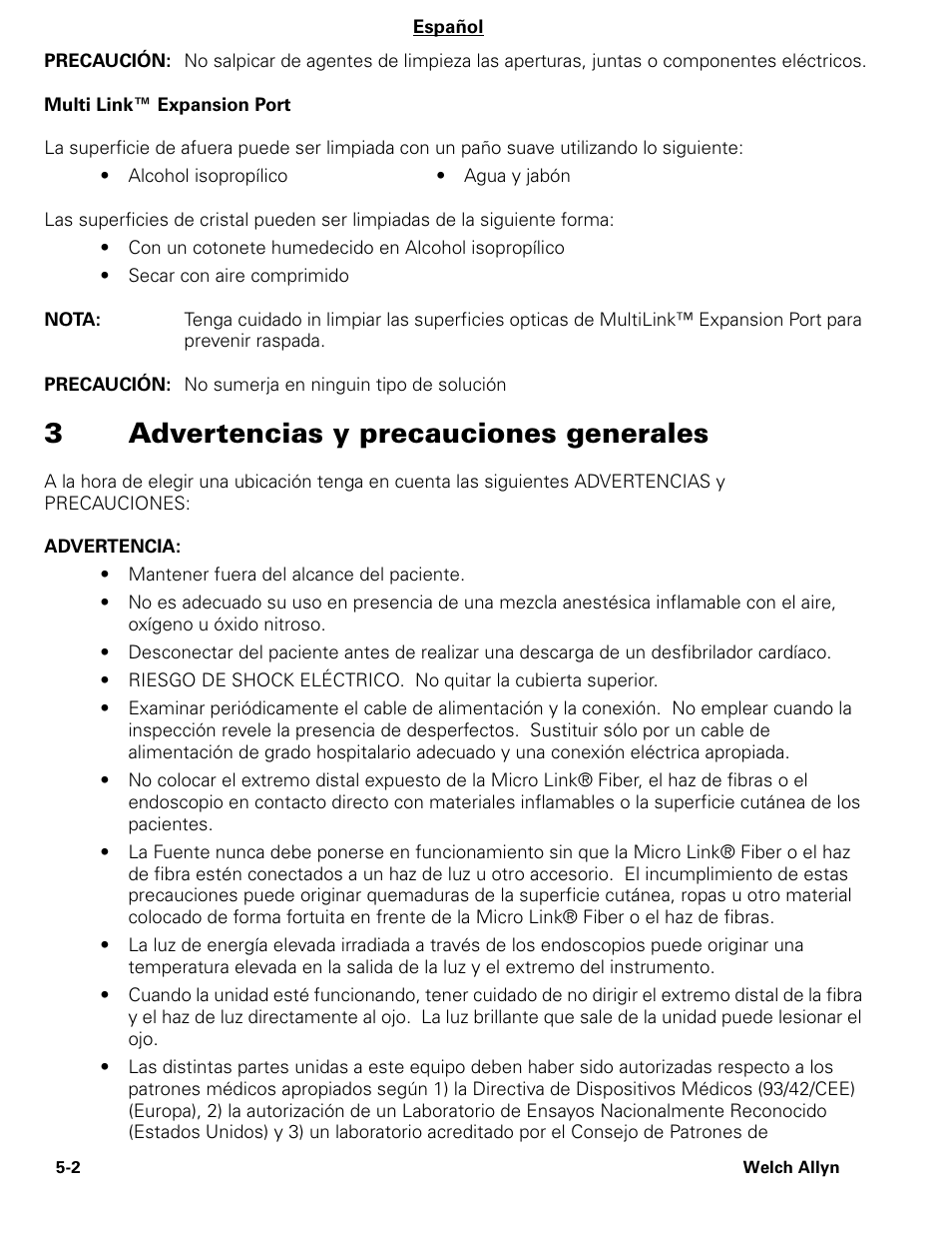 3advertencias y precauciones generales | Welch Allyn CL300 Surgical IlluminatorCL - User Manual User Manual | Page 54 / 126