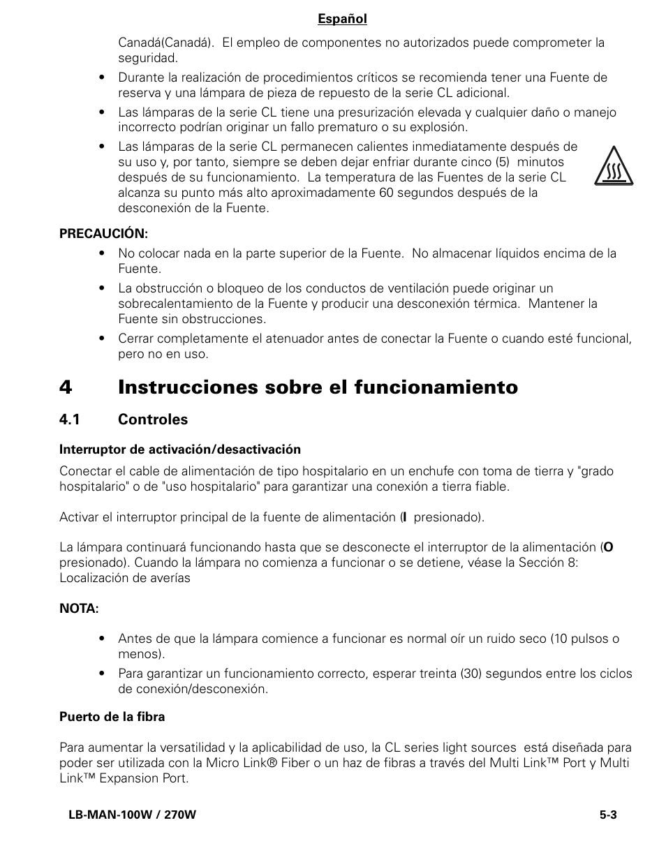 4instrucciones sobre el funcionamiento | Welch Allyn CL300 Surgical IlluminatorCL - User Manual User Manual | Page 55 / 126