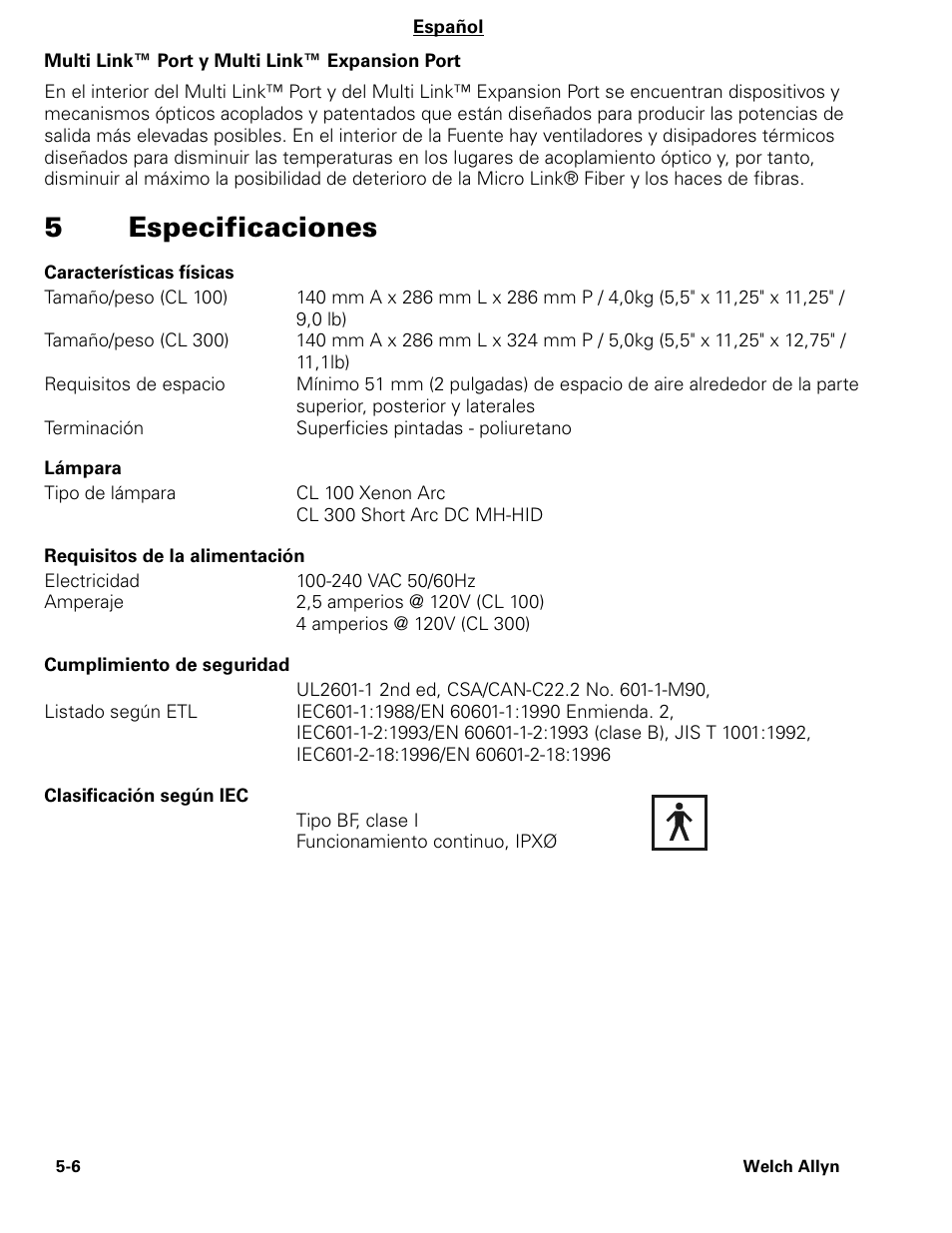5especificaciones | Welch Allyn CL300 Surgical IlluminatorCL - User Manual User Manual | Page 58 / 126