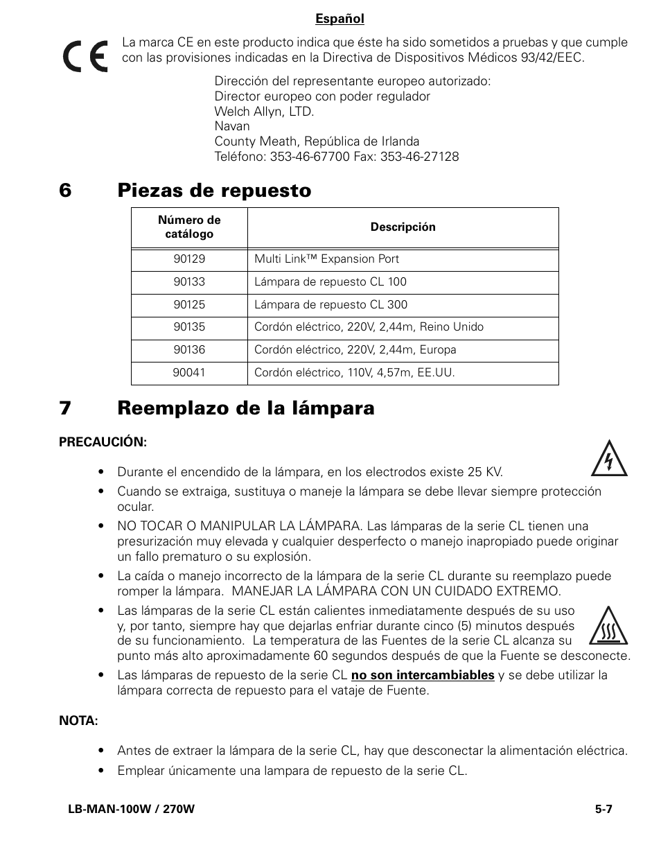 6piezas de repuesto 7 reemplazo de la lámpara | Welch Allyn CL300 Surgical IlluminatorCL - User Manual User Manual | Page 59 / 126