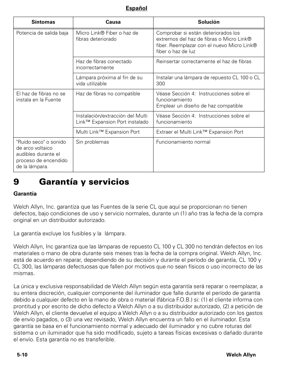 9garantía y servicios | Welch Allyn CL300 Surgical IlluminatorCL - User Manual User Manual | Page 62 / 126