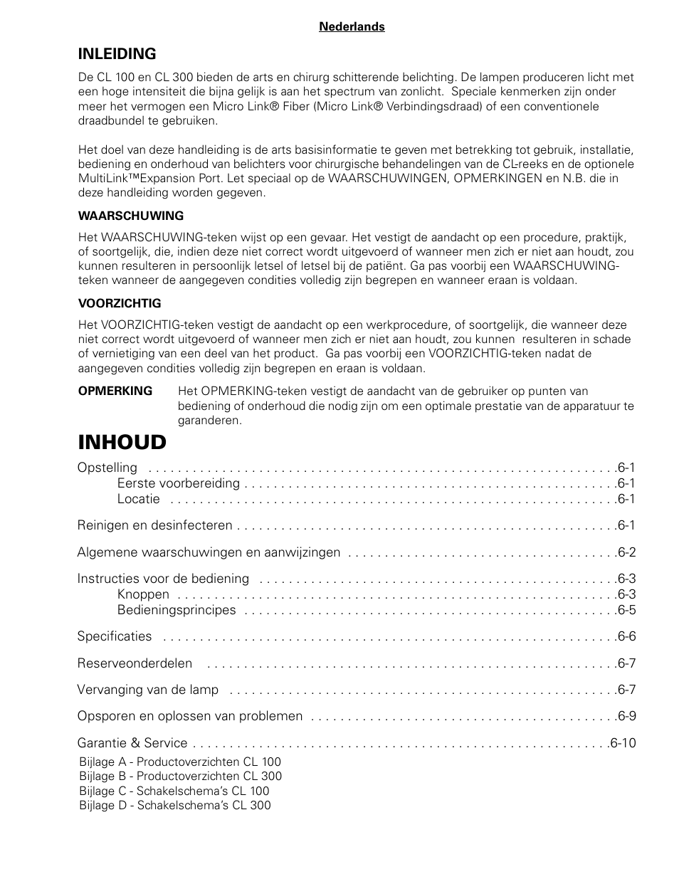Inhoud | Welch Allyn CL300 Surgical IlluminatorCL - User Manual User Manual | Page 65 / 126