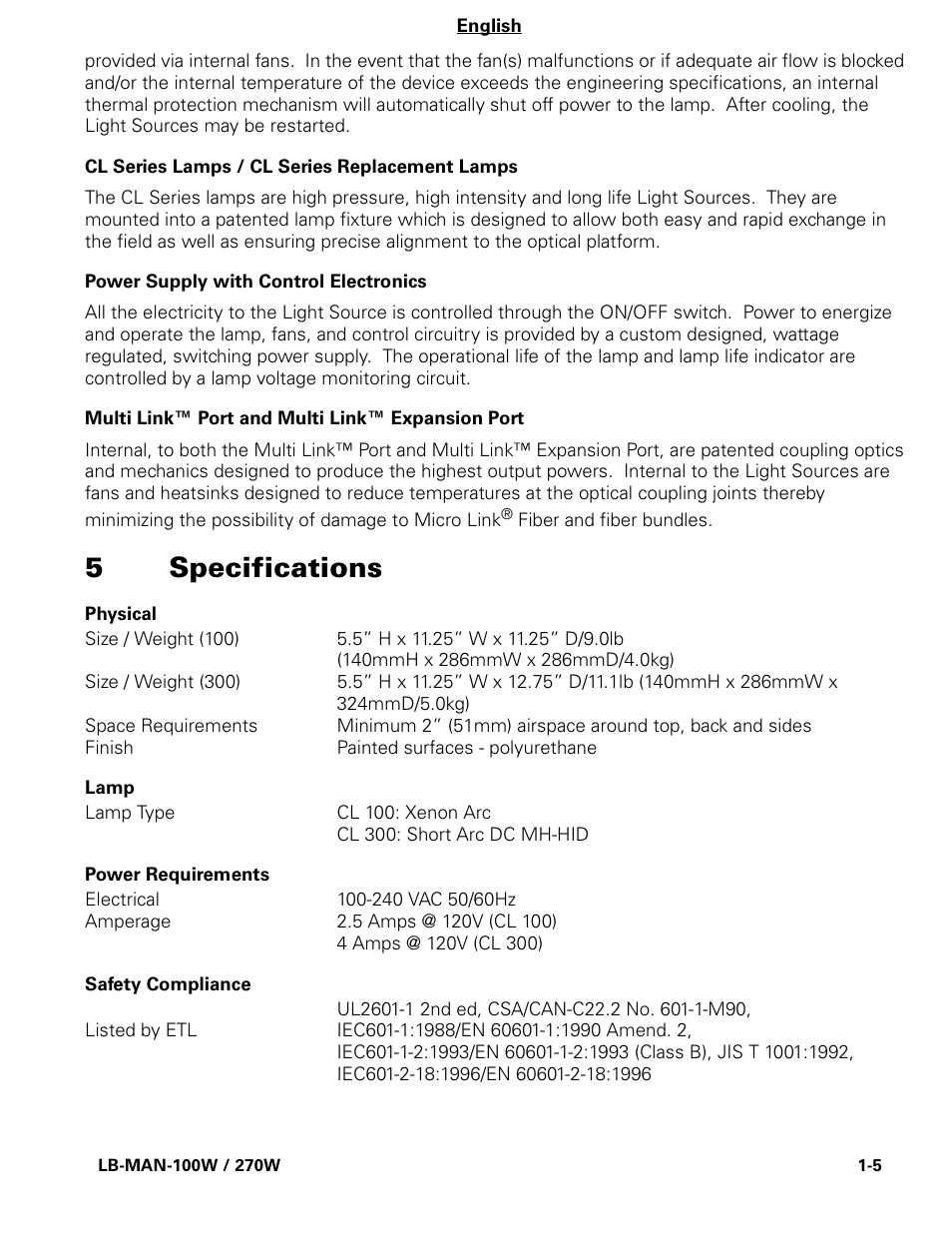 5specifications | Welch Allyn CL300 Surgical IlluminatorCL - User Manual User Manual | Page 7 / 126