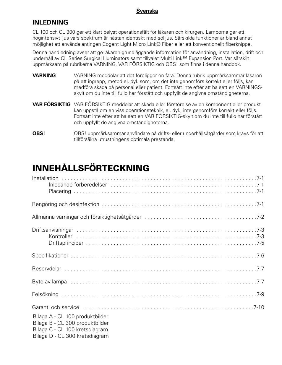 Innehållsförteckning | Welch Allyn CL300 Surgical IlluminatorCL - User Manual User Manual | Page 78 / 126