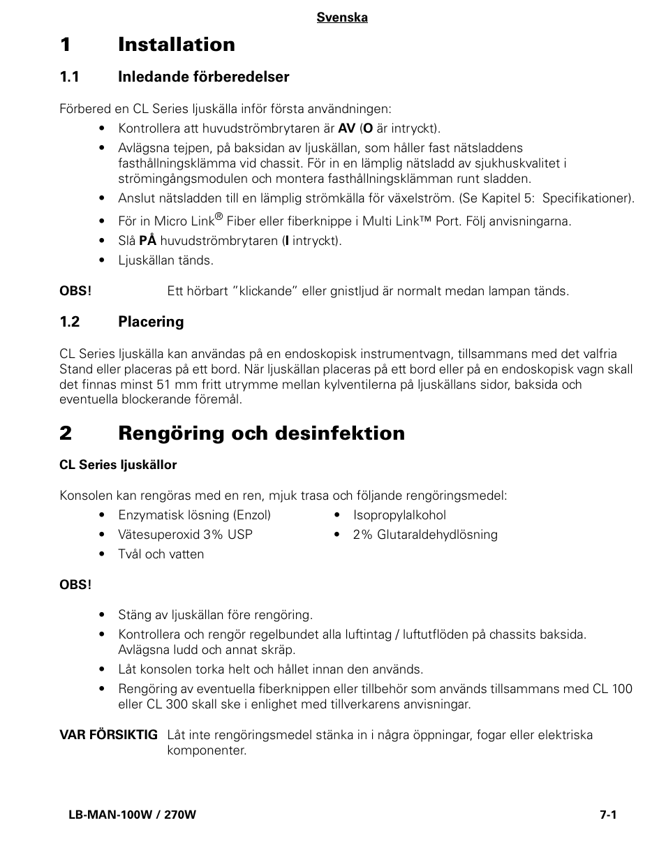 1installation, 2rengöring och desinfektion | Welch Allyn CL300 Surgical IlluminatorCL - User Manual User Manual | Page 79 / 126