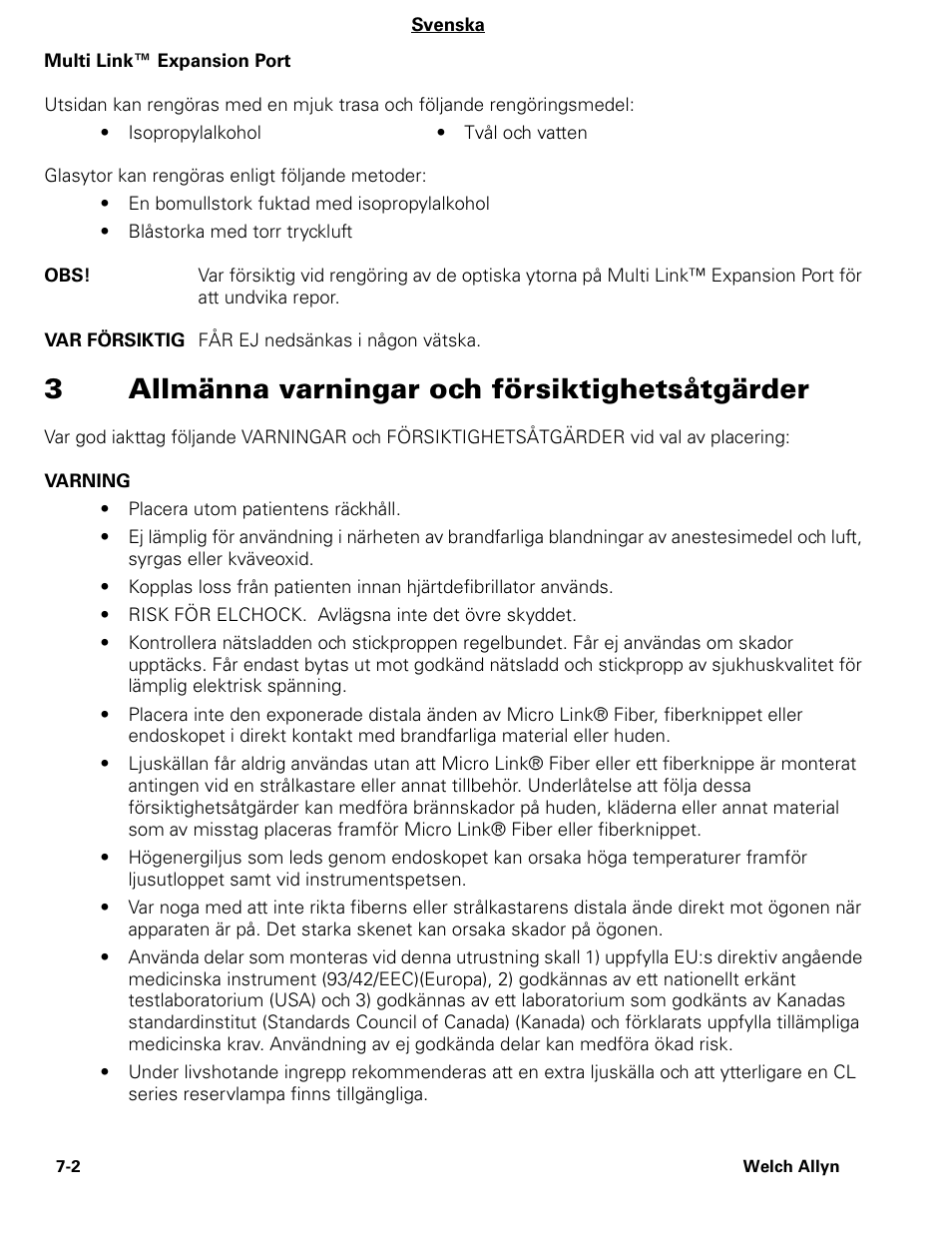 3allmänna varningar och försiktighetsåtgärder | Welch Allyn CL300 Surgical IlluminatorCL - User Manual User Manual | Page 80 / 126