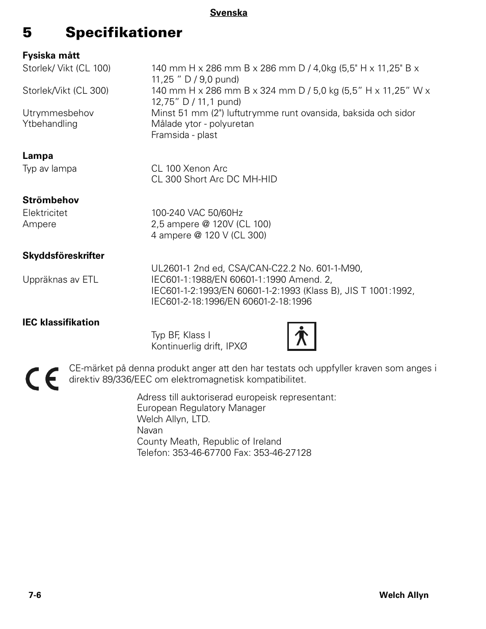 5specifikationer | Welch Allyn CL300 Surgical IlluminatorCL - User Manual User Manual | Page 84 / 126