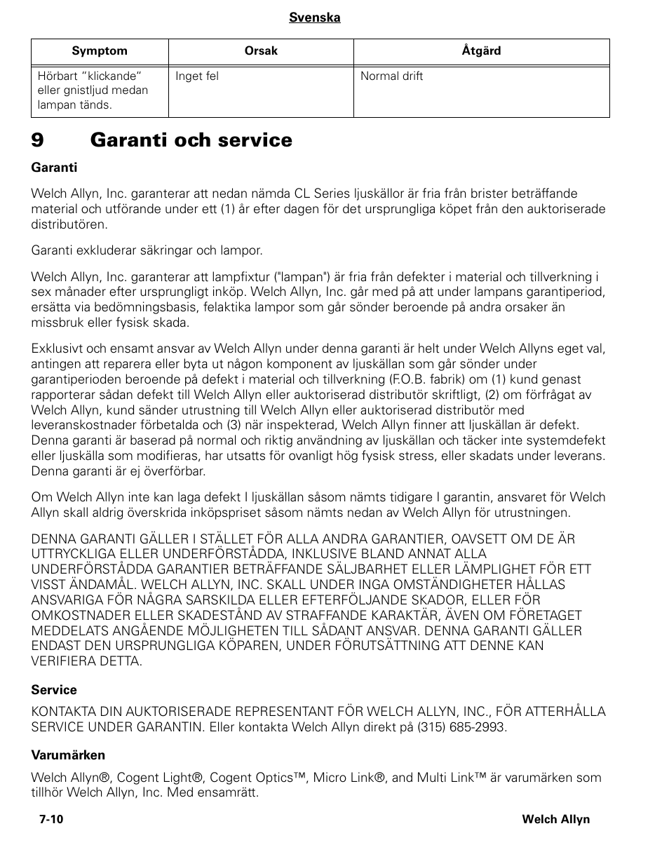 9garanti och service | Welch Allyn CL300 Surgical IlluminatorCL - User Manual User Manual | Page 88 / 126