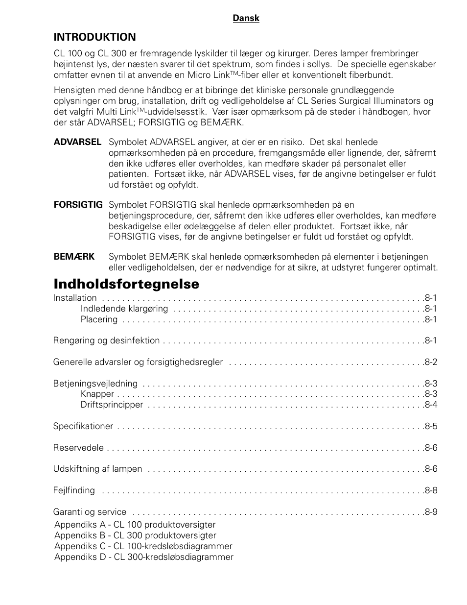 Indholdsfortegnelse | Welch Allyn CL300 Surgical IlluminatorCL - User Manual User Manual | Page 89 / 126
