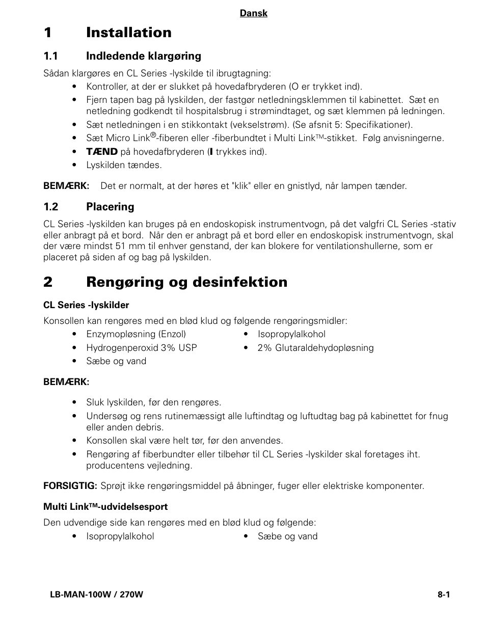 1installation, 2rengøring og desinfektion | Welch Allyn CL300 Surgical IlluminatorCL - User Manual User Manual | Page 90 / 126