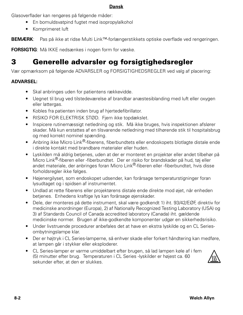 3generelle advarsler og forsigtighedsregler | Welch Allyn CL300 Surgical IlluminatorCL - User Manual User Manual | Page 91 / 126