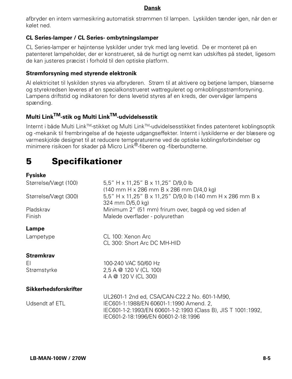5specifikationer | Welch Allyn CL300 Surgical IlluminatorCL - User Manual User Manual | Page 94 / 126
