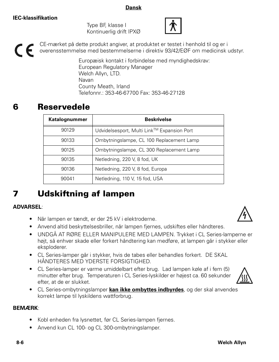6reservedele 7 udskiftning af lampen | Welch Allyn CL300 Surgical IlluminatorCL - User Manual User Manual | Page 95 / 126