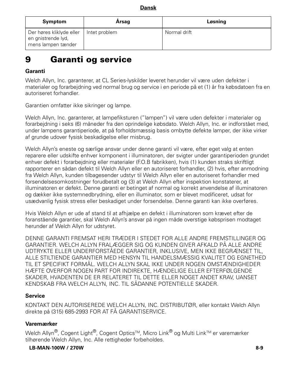 9garanti og service | Welch Allyn CL300 Surgical IlluminatorCL - User Manual User Manual | Page 98 / 126