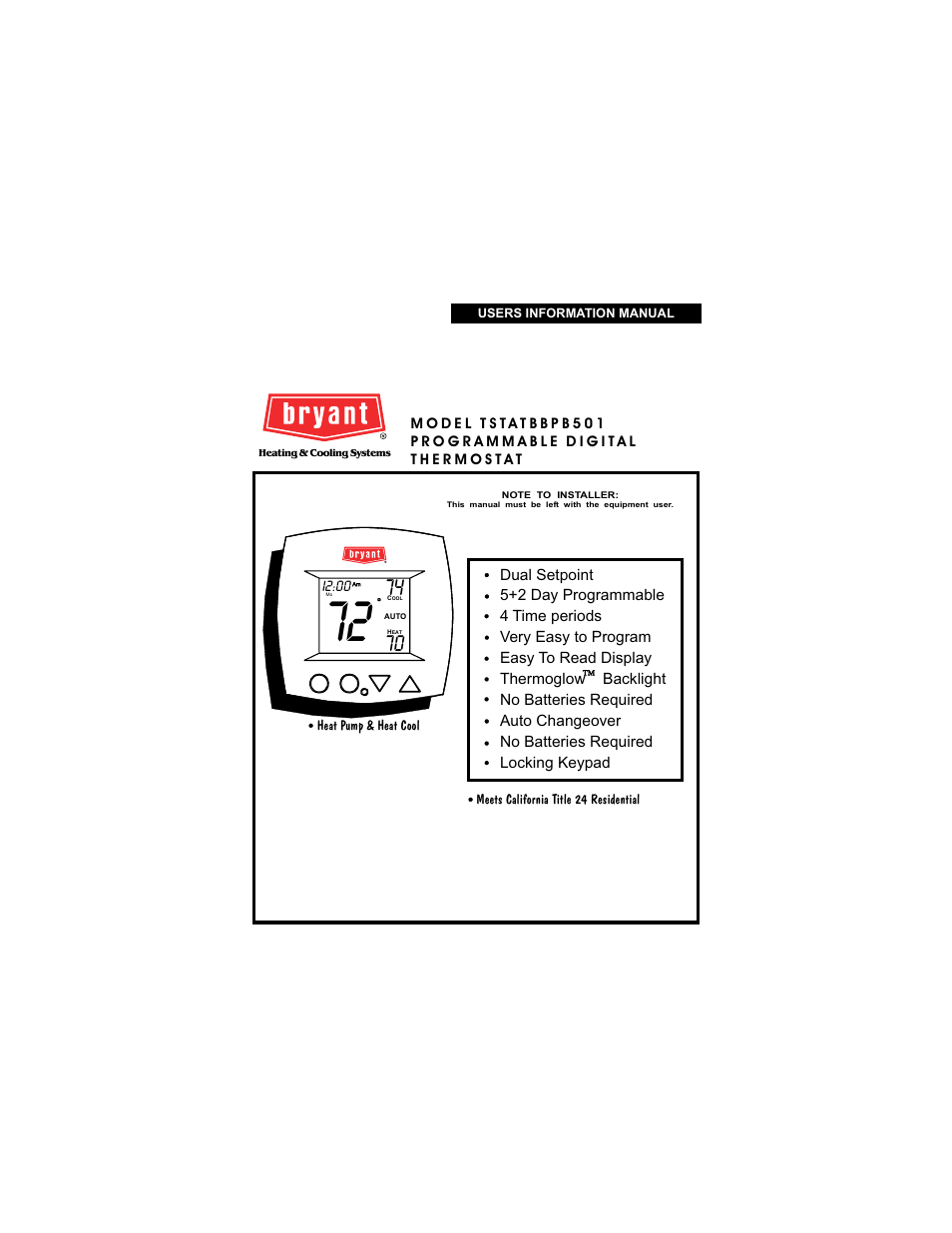 Bryant TSTATBBPB501 User Manual | 22 pages