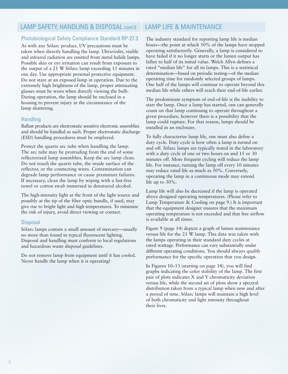 Lamp safety, handling & disposal, Lamp life & maintenance | Welch Allyn Solarc Light - User Manual User Manual | Page 6 / 17