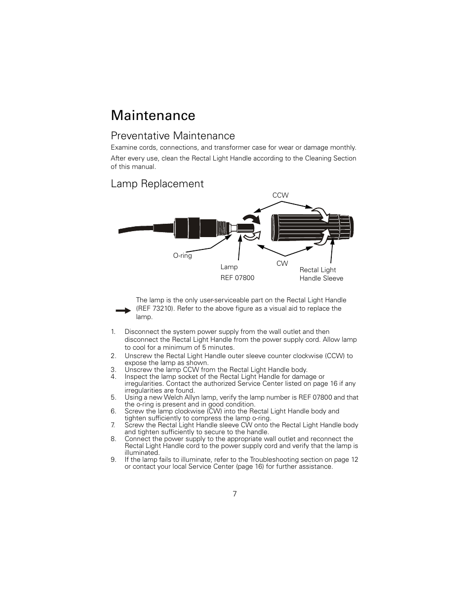 Maintenance, Preventative maintenance, Lamp replacement | Welch Allyn 73210 6V Power Supply Rectal Light Handle - User Manual User Manual | Page 11 / 24