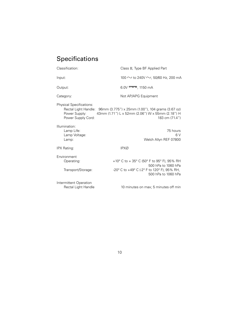 Specifications | Welch Allyn 73210 6V Power Supply Rectal Light Handle - User Manual User Manual | Page 14 / 24