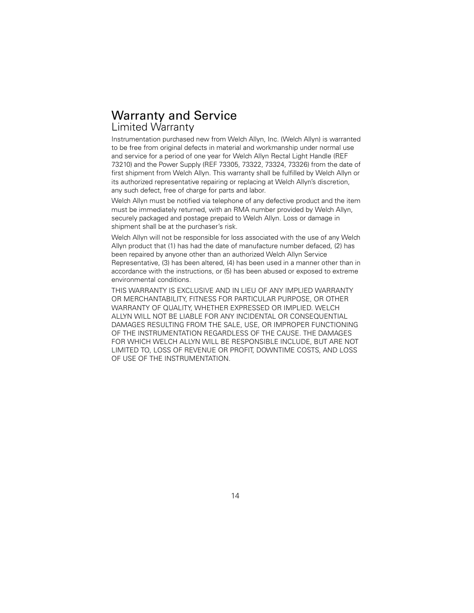 Warranty and service, Limited warranty | Welch Allyn 73210 6V Power Supply Rectal Light Handle - User Manual User Manual | Page 18 / 24