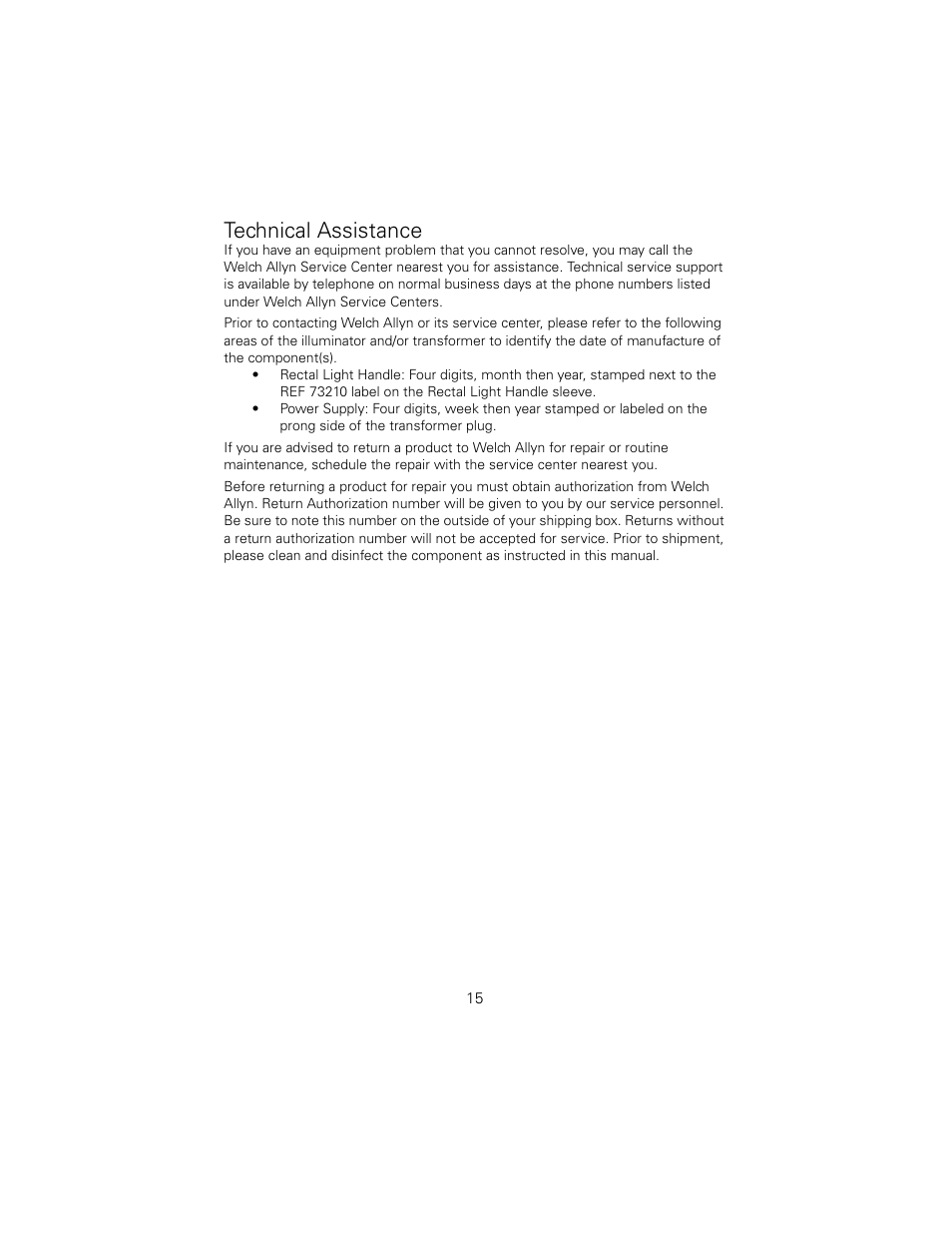Technical assistance | Welch Allyn 73210 6V Power Supply Rectal Light Handle - User Manual User Manual | Page 19 / 24
