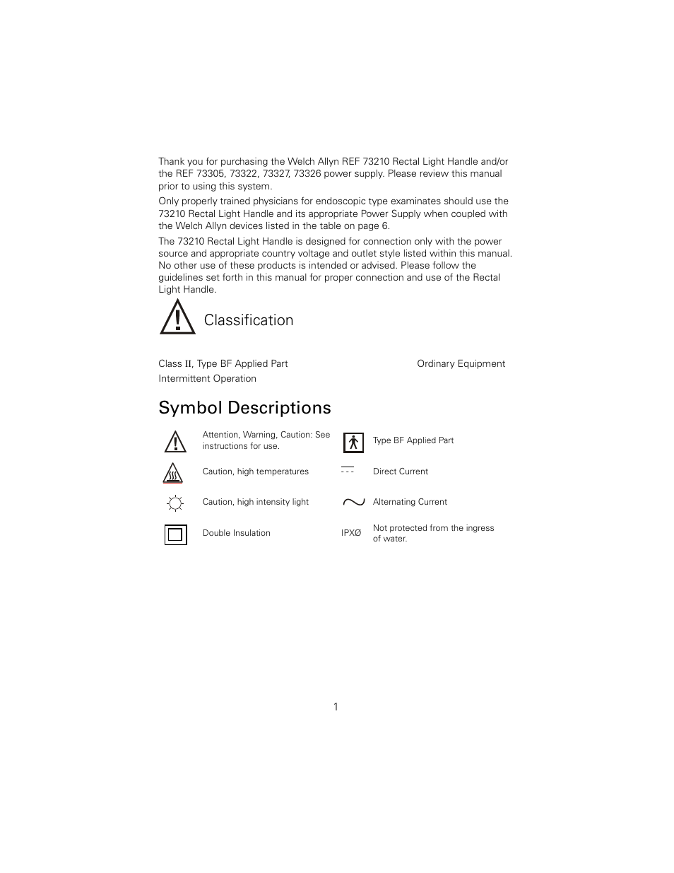 Symbol descriptions, Classification | Welch Allyn 73210 6V Power Supply Rectal Light Handle - User Manual User Manual | Page 5 / 24