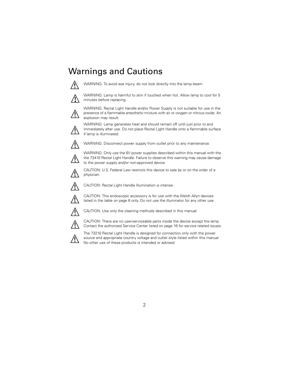 Warnings and cautions | Welch Allyn 73210 6V Power Supply Rectal Light Handle - User Manual User Manual | Page 6 / 24