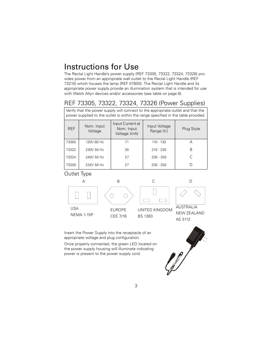 Instructions for use, Outlet type | Welch Allyn 73210 6V Power Supply Rectal Light Handle - User Manual User Manual | Page 7 / 24