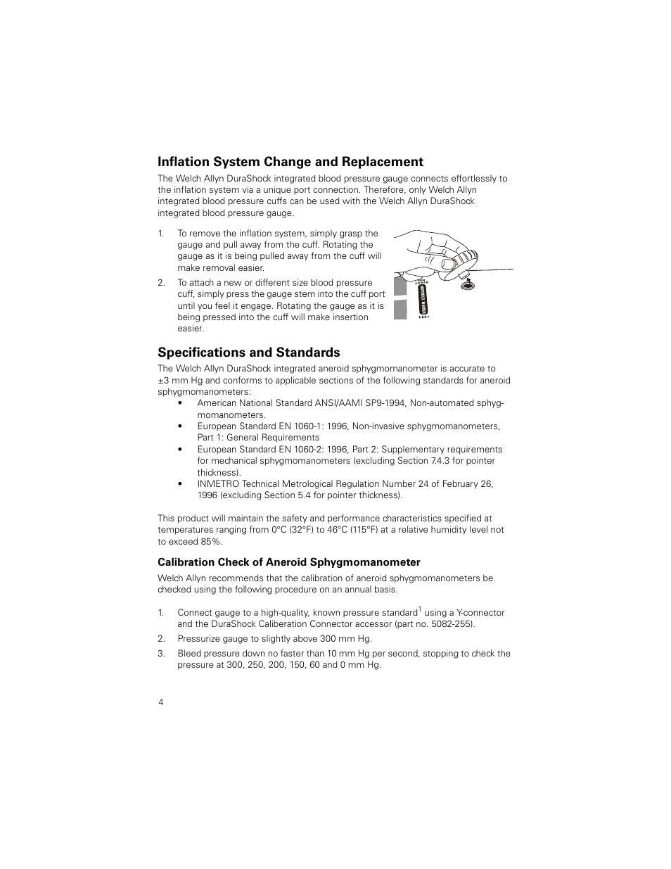 Inflation system change and replacement, Specifications and standards | Welch Allyn DuraShock Integrated Aneroid Sphygmomanometer - User Manual User Manual | Page 4 / 8