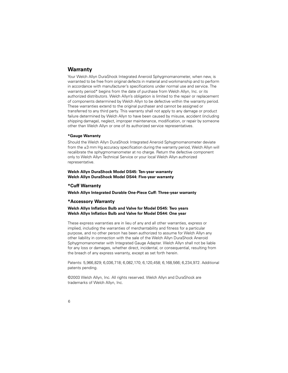 Warranty | Welch Allyn DuraShock Integrated Aneroid Sphygmomanometer - User Manual User Manual | Page 6 / 8