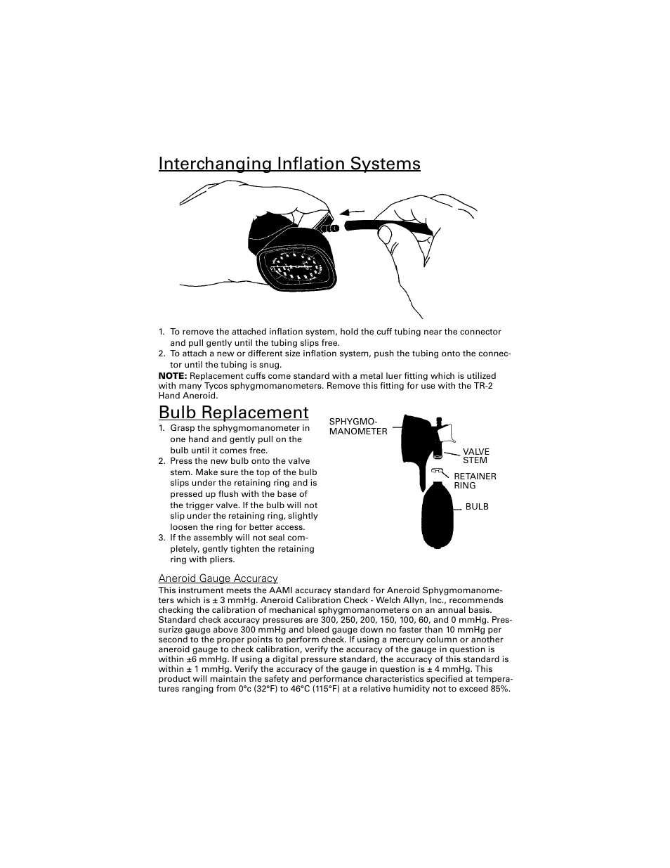 Interchanging inflation systems, Bulb replacement, Aneroid gauge accuracy | Welch Allyn TR-2 Hand Aneroid - User Manual User Manual | Page 3 / 4