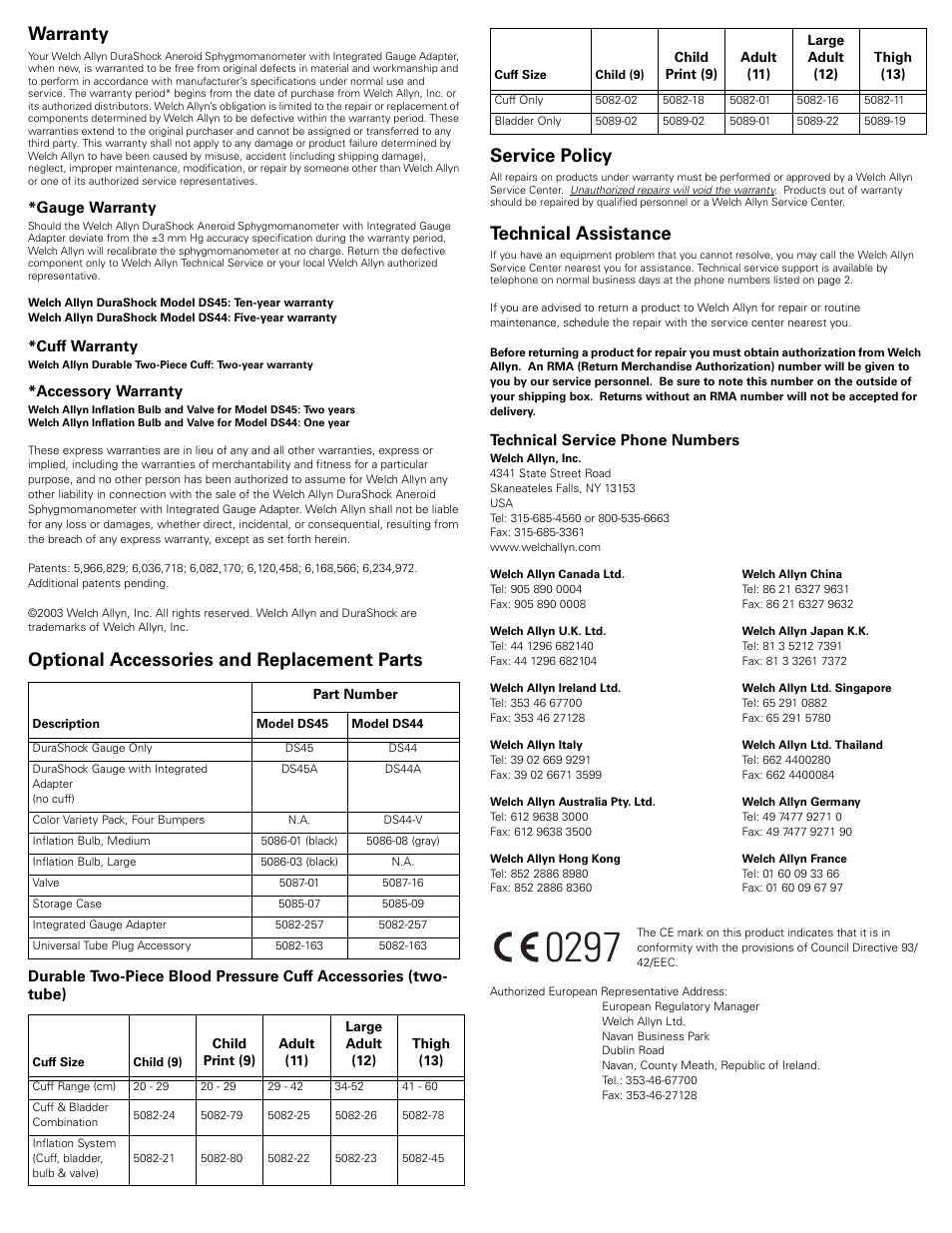 Warranty, Gauge warranty, Cuff warranty | Accessory warranty, Optional accessories and replacement parts, Ds45, Ds44, Ds45a, Ds44a, Ds44-v | Welch Allyn DuraShock Aneroid Sphygmomanometer with Integrated Gauge Adapter - User Manual User Manual | Page 2 / 2