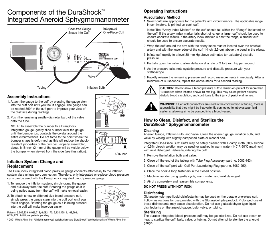 Components of the durashock, Integrated aneroid sphygmomanometer, Assembly instructions | Inflation system change and replacement, Operating instructions, Sphygmomanometer | Welch Allyn DuraShock Integrated Aneroid Sphygmomanometer - User Manual User Manual | Page 2 / 2