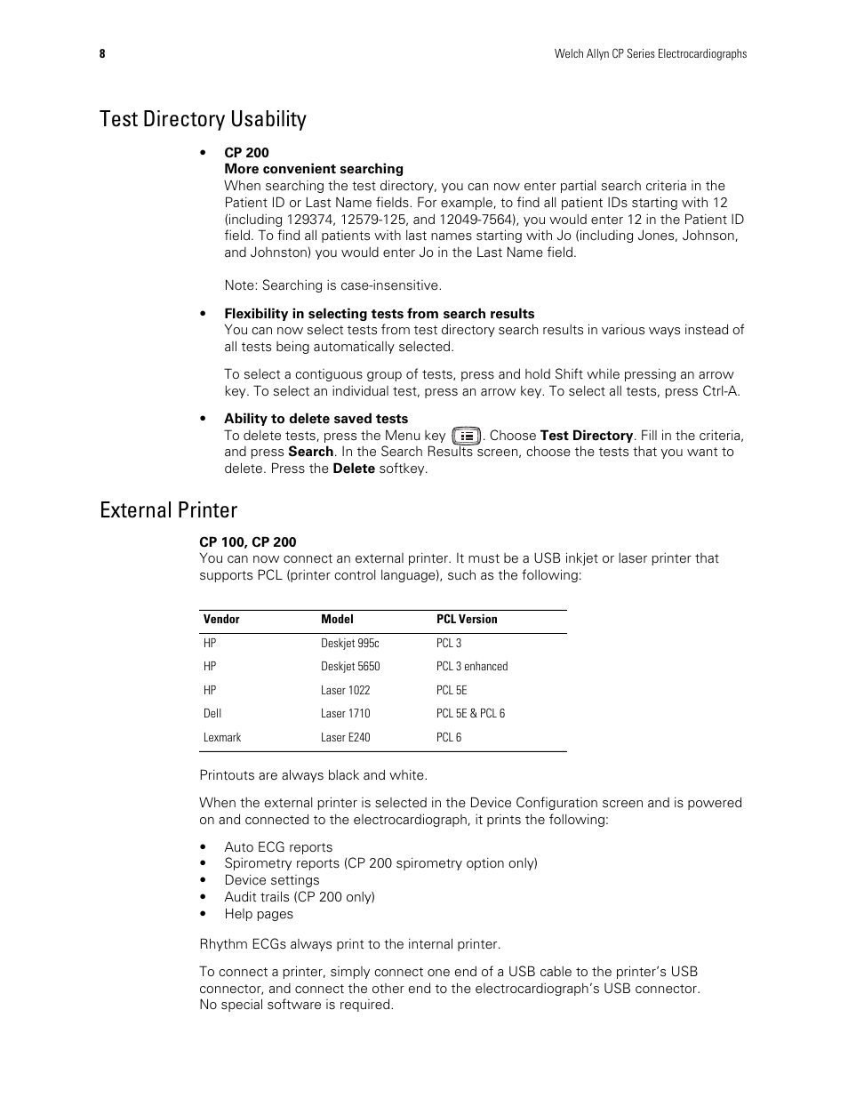 Test directory usability, External printer | Welch Allyn CP Series Electrocardiographs - User Manual User Manual | Page 10 / 40