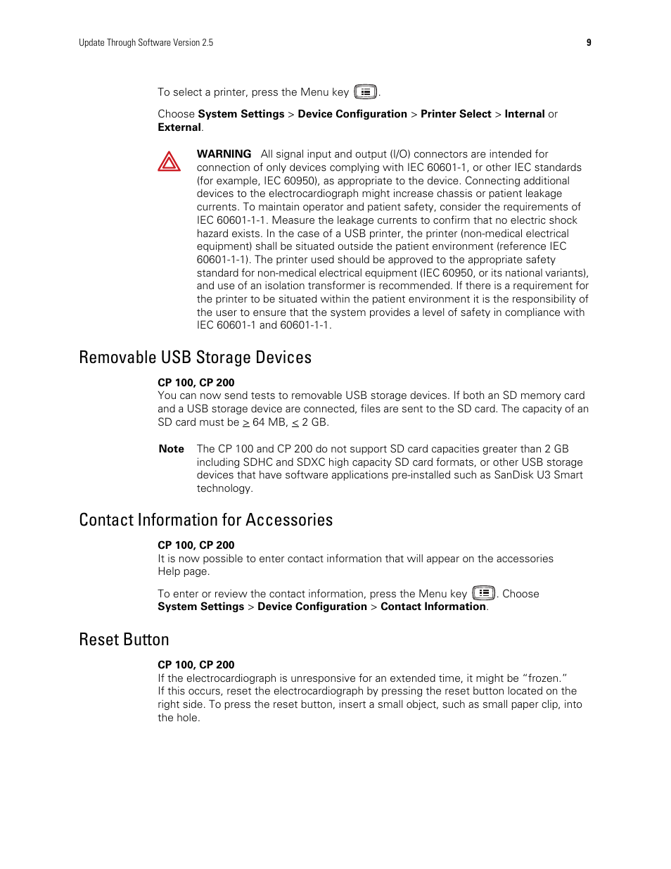 Removable usb storage devices, Contact information for accessories, Reset button | Welch Allyn CP Series Electrocardiographs - User Manual User Manual | Page 11 / 40