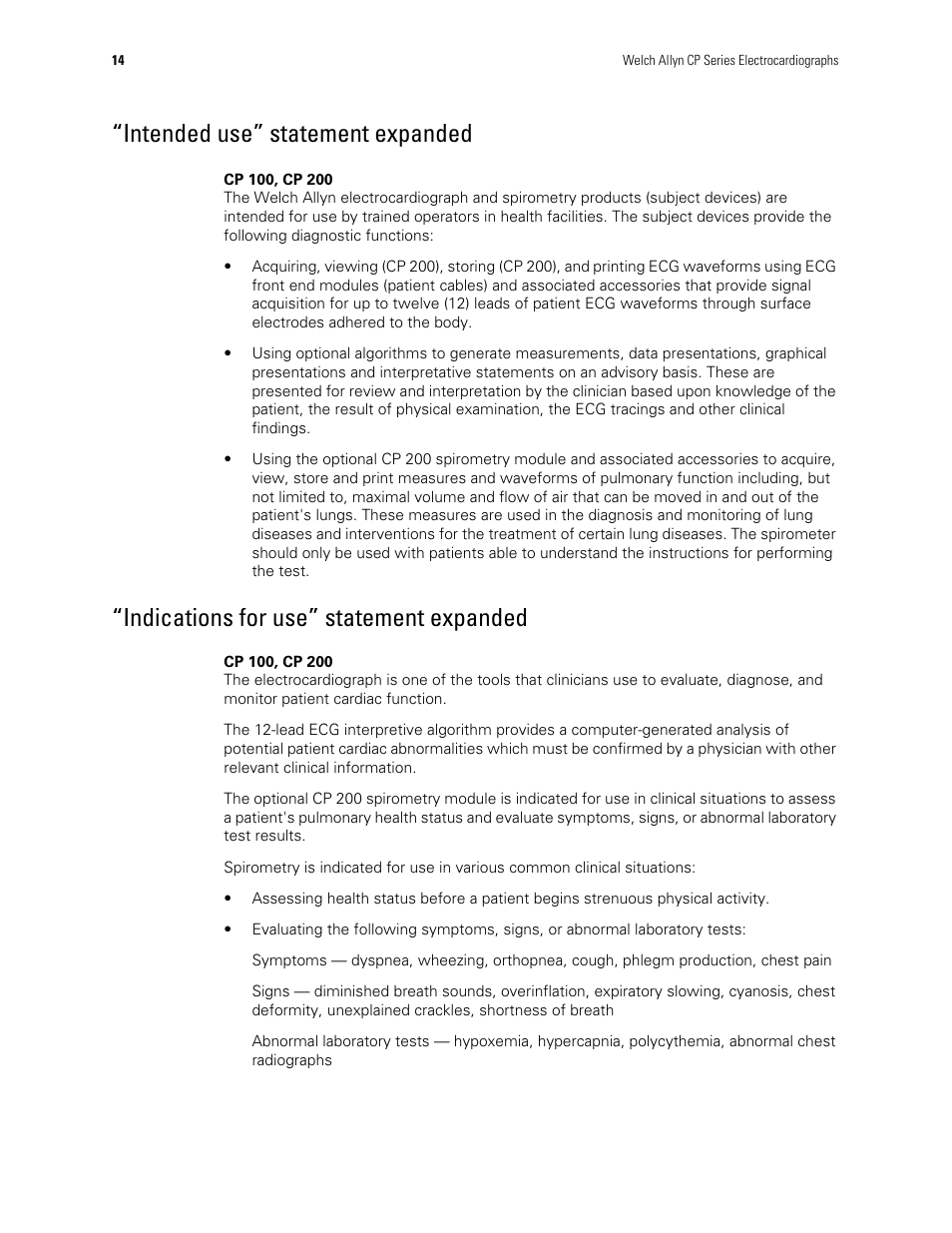 Intended use” statement expanded, Indications for use” statement expanded | Welch Allyn CP Series Electrocardiographs - User Manual User Manual | Page 16 / 40