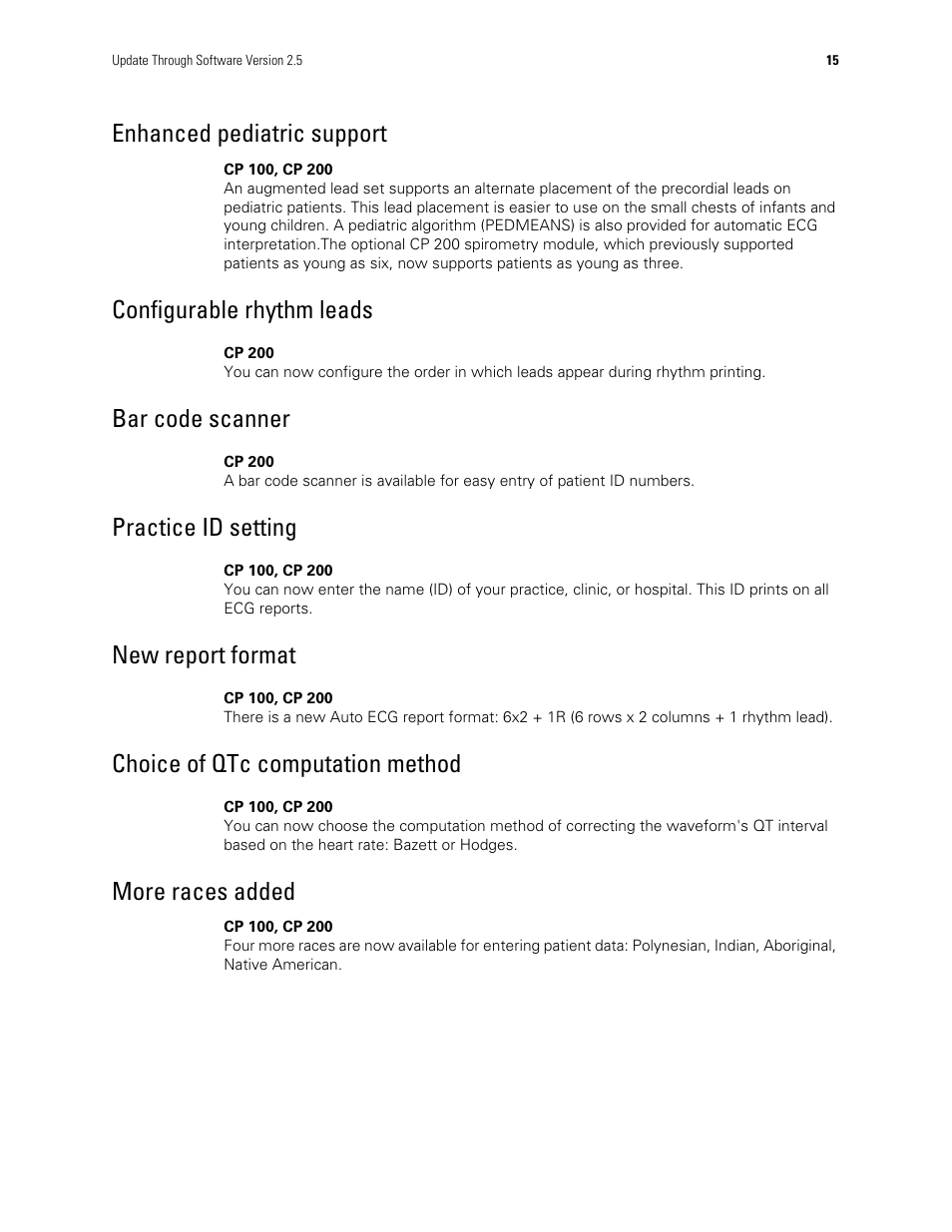 Enhanced pediatric support, Configurable rhythm leads, Bar code scanner | Practice id setting, New report format, Choice of qtc computation method, More races added | Welch Allyn CP Series Electrocardiographs - User Manual User Manual | Page 17 / 40