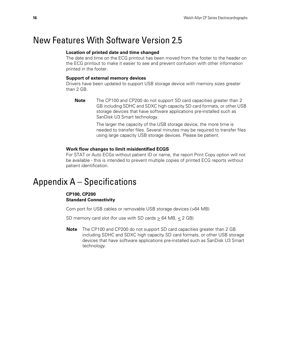 New features with software version 2.5, Appendix a – specifications | Welch Allyn CP Series Electrocardiographs - User Manual User Manual | Page 18 / 40