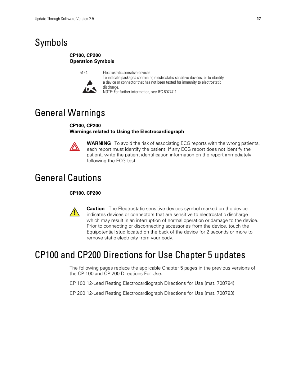 Symbols, General warnings, General cautions | Welch Allyn CP Series Electrocardiographs - User Manual User Manual | Page 19 / 40