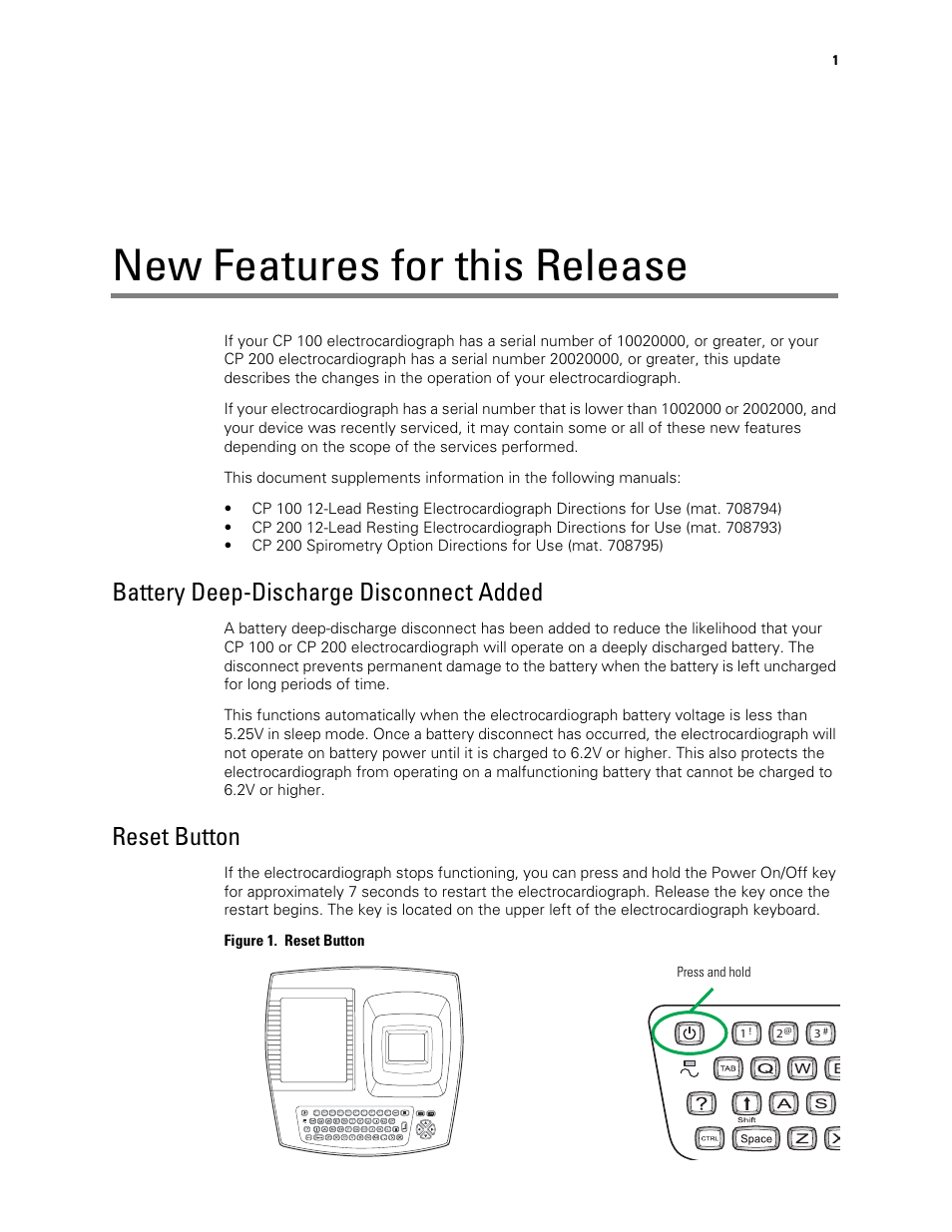 Battery deep-discharge disconnect added, Reset button, New features for this release | Welch Allyn CP Series Electrocardiographs - User Manual User Manual | Page 3 / 40