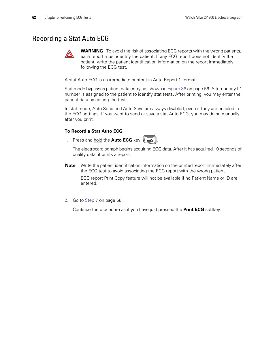 Recording a stat auto ecg | Welch Allyn CP Series Electrocardiographs - User Manual User Manual | Page 36 / 40