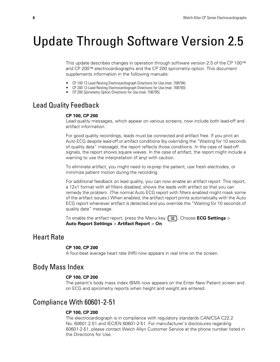 Lead quality feedback, Heart rate, Body mass index | Compliance with 60601-2-51, Update through software version 2.5 | Welch Allyn CP Series Electrocardiographs - User Manual User Manual | Page 8 / 40