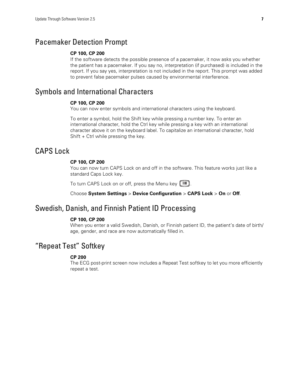 Pacemaker detection prompt, Symbols and international characters, Caps lock | Swedish, danish, and finnish patient id processing, Repeat test” softkey | Welch Allyn CP Series Electrocardiographs - User Manual User Manual | Page 9 / 40