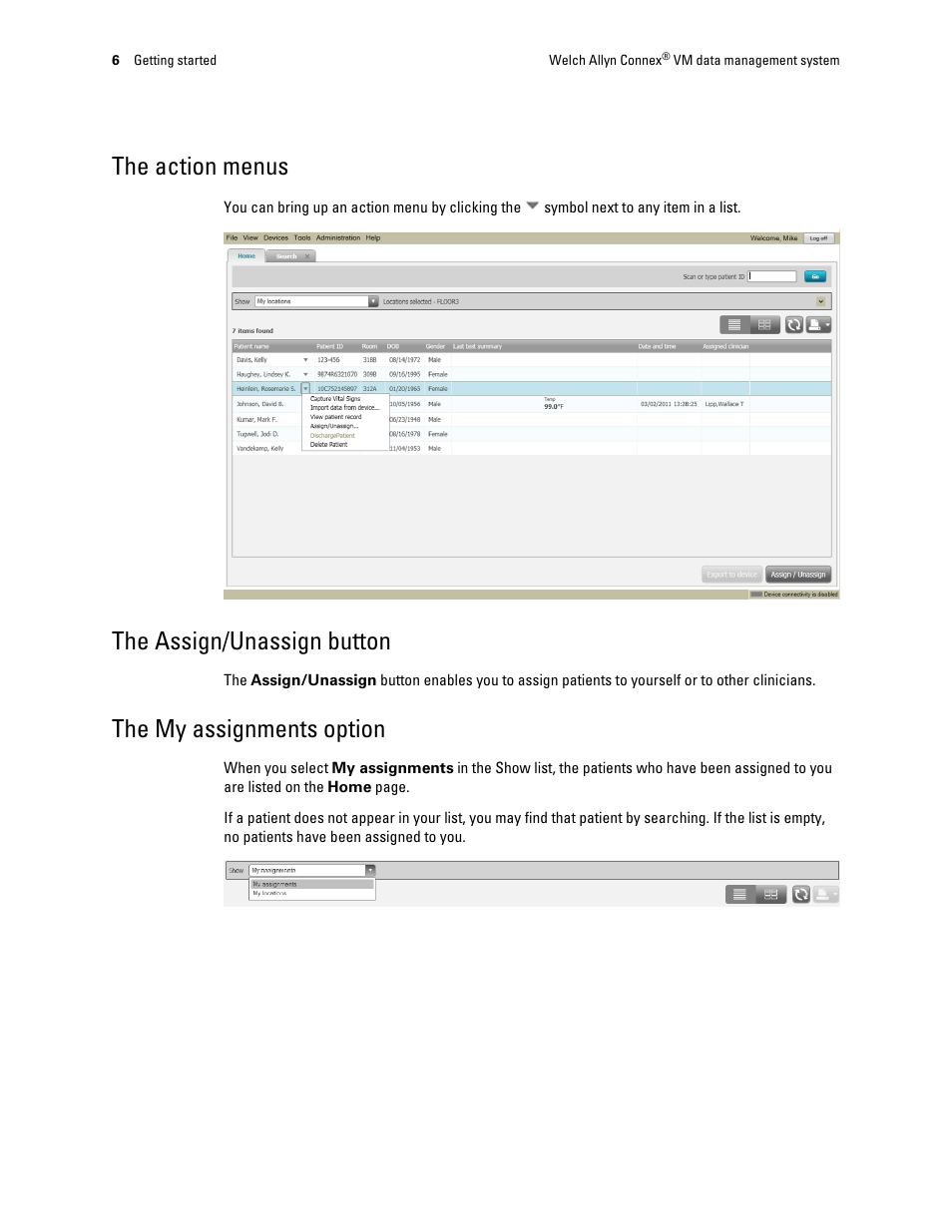 The action menus, The assign/unassign button, The my assignments option | Welch Allyn Connex VM data management system - User Manual User Manual | Page 10 / 36