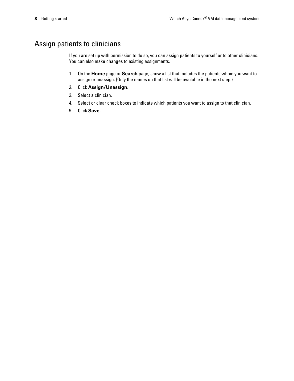 Assign patients to clinicians | Welch Allyn Connex VM data management system - User Manual User Manual | Page 12 / 36